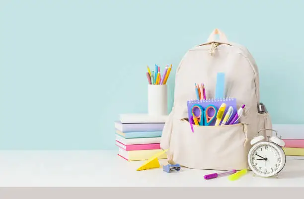 Photo of Back to school concept with backpack and stacks of books