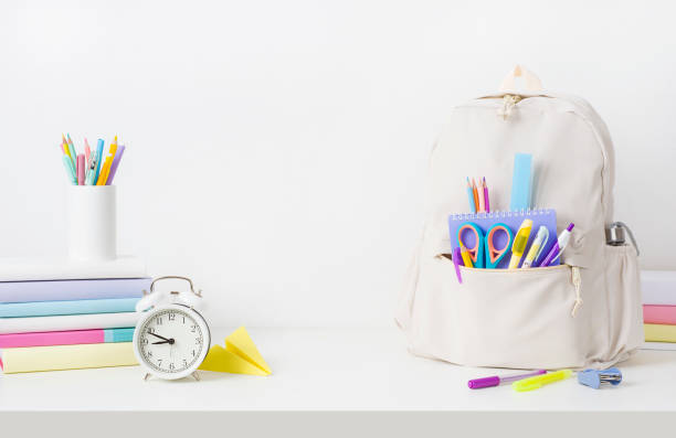 istock School supplies and backpack on table over white wall background 1513772290