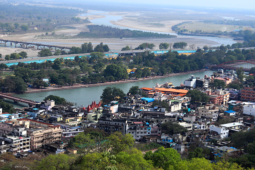Haridwar city Uttarakhand, India elevated view from mountain perspective view landscape.