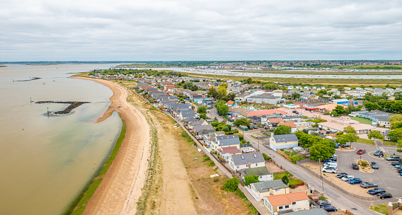 Aerial photo from a drone of Point Clear Bay, Point Clear, St Osyth, Essex, UK. Captured in
