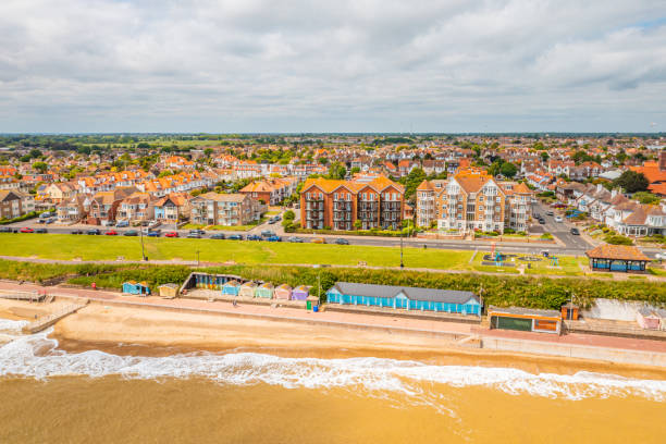 Clacton-on-Sea seafront. Aerial photo from a drone of the seafront at Clacton-on-Sea in Essex, UK. clacton on sea stock pictures, royalty-free photos & images