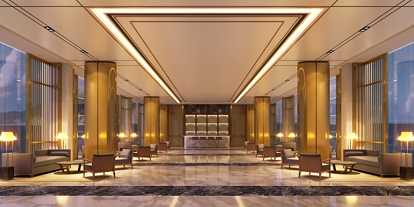3d render luxury hotel lobby entrance