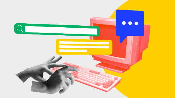 Business and social chatting online. Human hand typing on computer. Texting messages. Contemporary art collage.