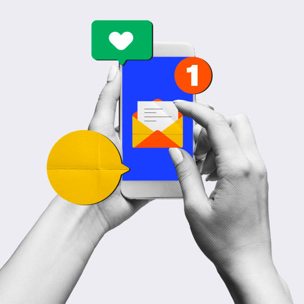 One unread message, notification. Female hand with mobile phone. Social media blogging. Contemporary art collage.