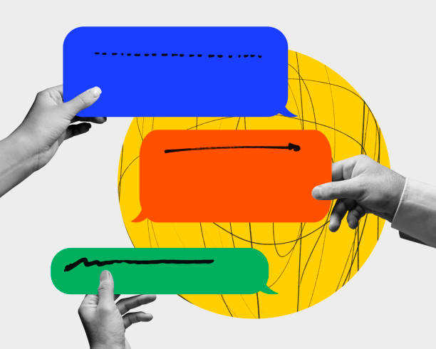 Huiman hands holding text messages icons with empty space for text. Online chat. Banner. Contemporary art collage.