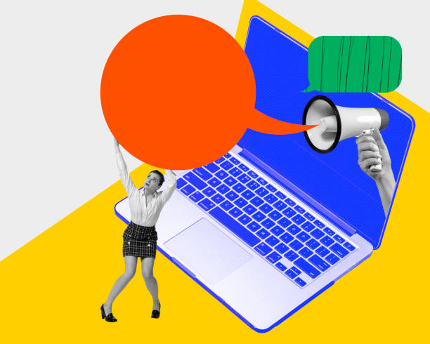 istock Young woman, employee and boss notifications. Communication via laptop, online remote work. Contemporary art collage. 1513809449