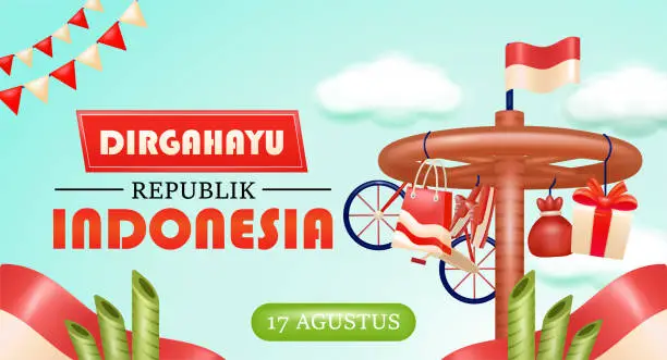 Vector illustration of Happy Indonesian Independence Day. Red and White. August 17th. 3d illustration of pinang climbing, Indonesian flag and pointed bamboo
