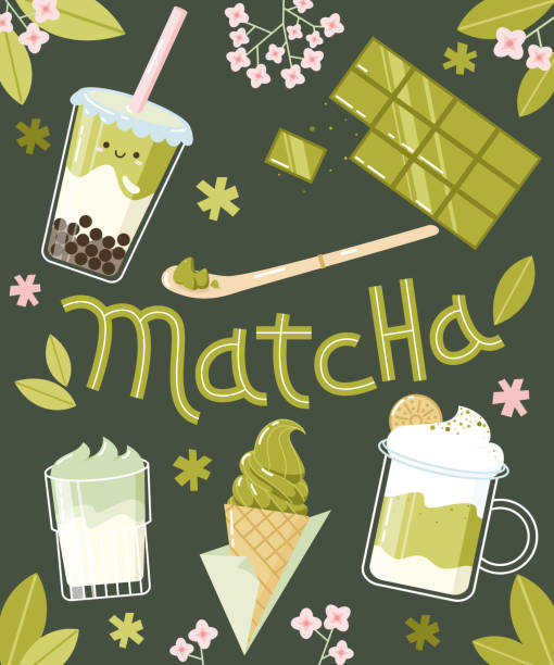 niedliche illustration von grünen getränken und desserts mit matcha-tee - tea cup tea green tea chinese tea stock-grafiken, -clipart, -cartoons und -symbole