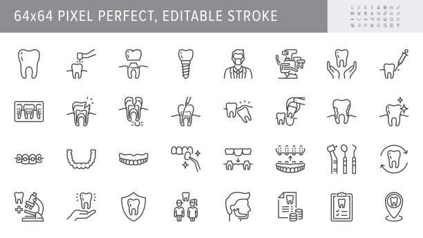 치과 진료 라인 아이콘입니다. 벡터 그림에는 임플란트, 교정기, 치과의사, 치통, 교정기, 베니어판, 치아 개요 픽토그램 등이 포함됩니다. 64x64 픽셀 퍼펙트, 편집 가능한 스트로크 - prosthetic equipment illustrations stock illustrations