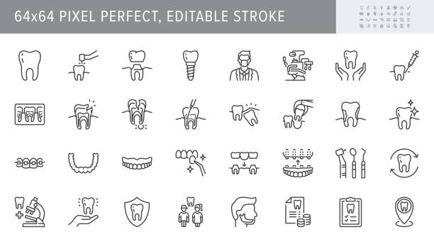 stockillustraties, clipart, cartoons en iconen met dental care line icons. vector illustration include icon - implant, braces, dentist, toothache, aligners, veneers, tooth outline pictogram for stomatology clinic. 64x64 pixel perfect, editable stroke - dental