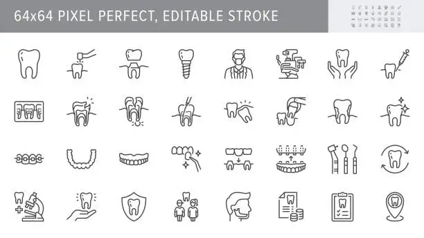 Vector illustration of Dental care line icons. Vector illustration include icon - implant, braces, dentist, toothache, aligners, veneers, tooth outline pictogram for stomatology clinic. 64x64 Pixel Perfect, Editable Stroke