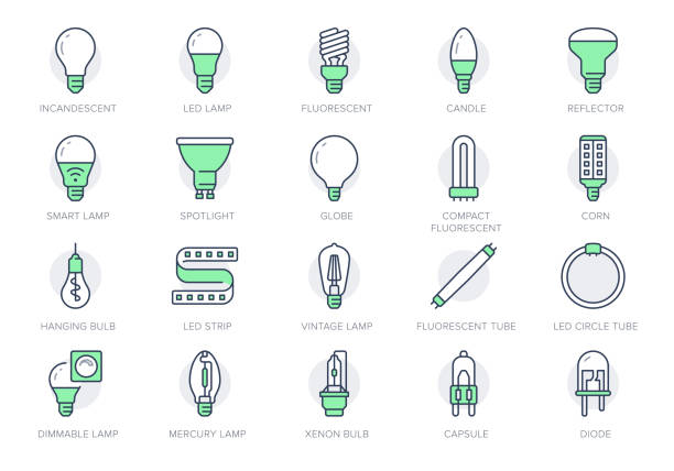 illustrations, cliparts, dessins animés et icônes de icônes de ligne d’ampoule. l’illustration vectorielle comprend l’icône - led, diode, réflecteur, spirale, halogène, fluorescent compact, pictogramme à contour incandescent pour lampe. couleur verte, contour modifiable - ampoule à basse consommation