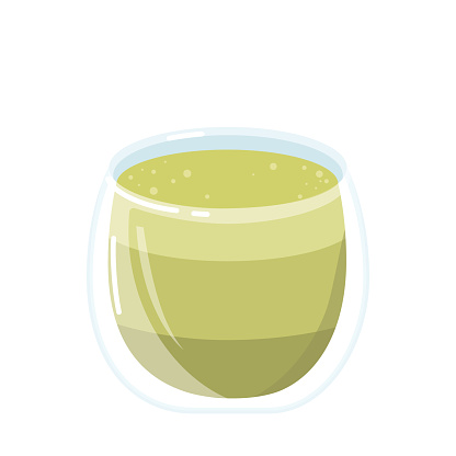 Matcha green tea in clear glass cup. Isolated vector illustration on white background. Trendy Japanese drink.