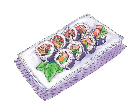 Sushi plate created by water colour effect. Vector illustration. Suitable for restaurant, and food industries.