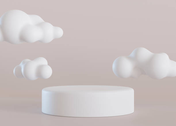 istock White, round podium with 3D clouds on beige background. Stage for product, cosmetic presentation. Minimalist mock up. Pedestal, platform for beauty products. Empty scene. Display, showcase. 3D render. 1513843982