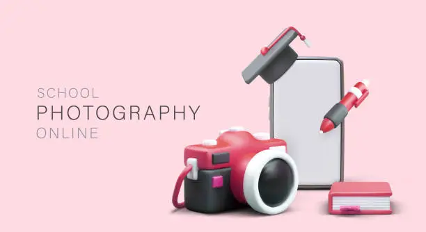 Vector illustration of Photography courses from best teachers. Master classes in remote location