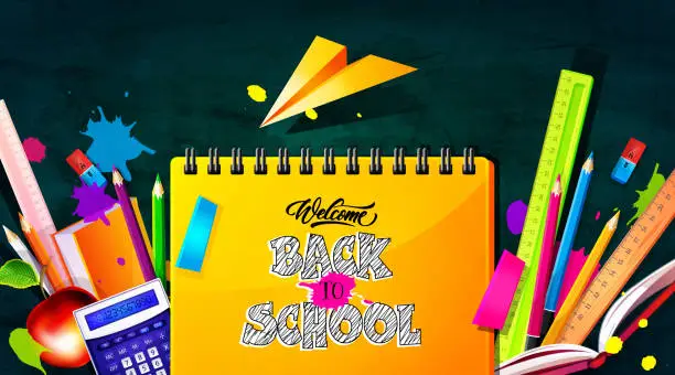 Vector illustration of School education concept in cartoon style. Notepad with voluminous greeting text with stationery and a paper airplane on the background of a slate blackboard.