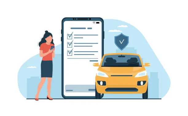 Vector illustration of Car insurance concept. A woman draws up an insurance policy for a car online on a smartphone