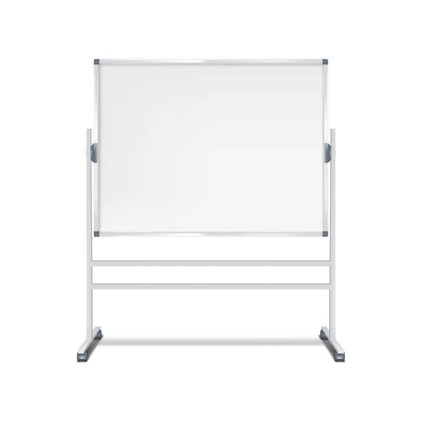 istock Blank whiteboard on wheeled stand vector mockup. Revolving flipchart magnetic white board with wheels realistic mock-up.  Template for design 1513859752