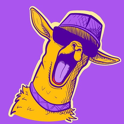 Illustration of a yellow and purple llama wearing sunglasses and a hiphop hat. Vector of a funky alpaca screaming and showing his tongue