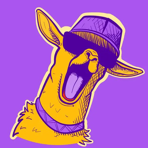 Vector illustration of Illustration of a yellow and purple llama wearing sunglasses and a hiphop hat. Vector of a funky alpaca screaming and showing his tongue