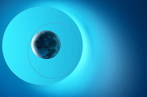 Close-up of the moon in the blue tunnel. 3d rendering illustration.