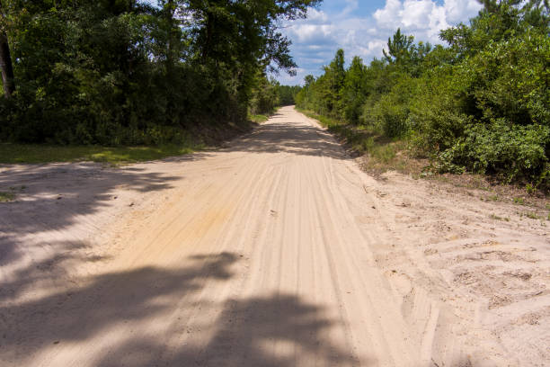 aerial view of a dusty dirt country road - dirtroad imagens e fotografias de stock