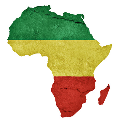 Textured map of Africa displaying one version of the Pan African (and Rastafarian) colors. The other set of colors is also available in this series. Map outline adapted from public-domain source at https://commons.wikimedia.org/wiki/File:Blank_Map-Africa.svg
