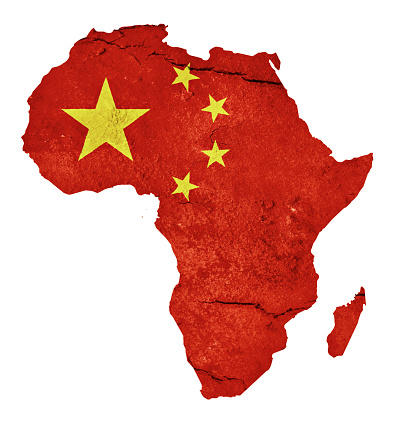 National flag of China overlaid on a textured map of Africa. Map outline adapted from public-domain source at https://commons.wikimedia.org/wiki/File:Blank_Map-Africa.svg