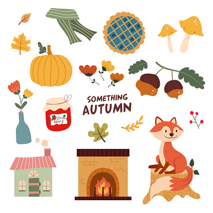 Autumn collection illustration. Banner, vector, fox, nut, leaves, pumpkin, house, flower, scarf, houses, flame, strawberry jam and blueberry pie.