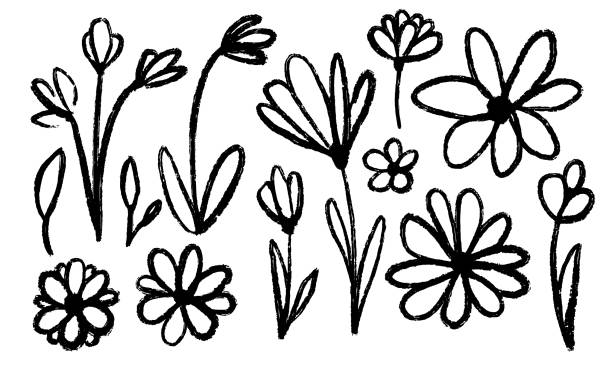 ilustraciones, imágenes clip art, dibujos animados e iconos de stock de conjunto de flores, hojas, tallos florales - cabeza de flor