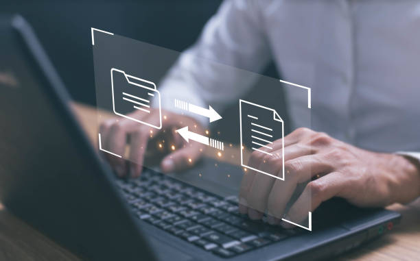 File Transfer Protocol files receiver and computer backup copy. File sharing isometric. Digital system for transferring documents and files online.Data Transfer concept. receptor de archivos de protocolo de transferencia de archivos y copia de seguridad de la computadora. uso compartido de archivos isométrico. sistema digital para la transferencia de documentos y archivos en línea. concepto de transferencia de datos.