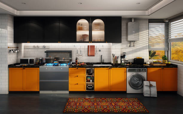 Digitally generated cozy black & orange color themed Nordic style domestic kitchen combining modern design elements, premium materials, and attention to details, which creates a sophisticated and dream-worthy space for every family.\n\nThe scene was created in Autodesk® 3ds Max 2024 with V-Ray 6 and rendered with photorealistic shaders and lighting in Chaos® Vantage with some post-production added.