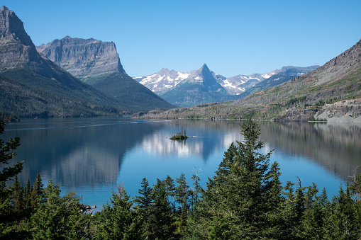 Lake Sherburne and mountains in Glacier National Park in Montana