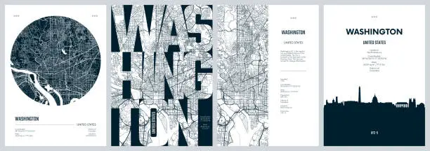 Vector illustration of Set of travel posters with Washington, detailed urban street plan city map, Silhouette city skyline, vector artwork