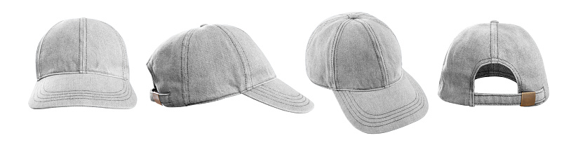 Blank denim baseball cap mockup template isolated on white background. Set