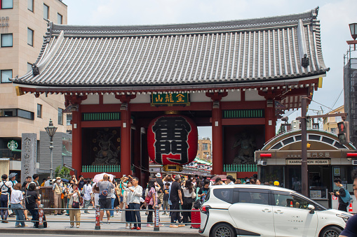 Tokyo, Japan - 14 June 2023: View of the crowded Nakamise shopping street near Sensoji temple in Asakusa district of Tokyo, Japan