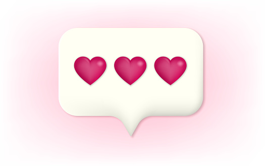 Love message concept. Speech bubble with heart isolated on blue background. Realistic icon for social media, chat, web design, like notification. Balloon comment with 3d heart. Vector illustration