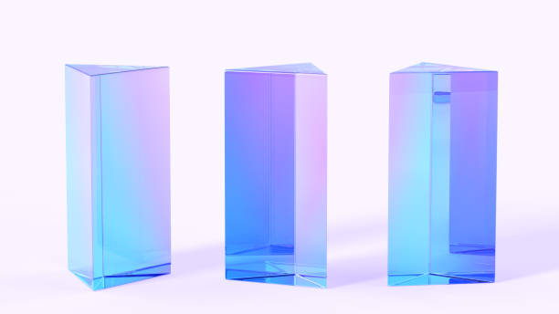 istock Glass triangle pedestals or podiums 3d render icons set. Abstract geometric pillars, platforms with hologram gradient texture, crystal rainbow exhibit displays, blank product stands 1514072095