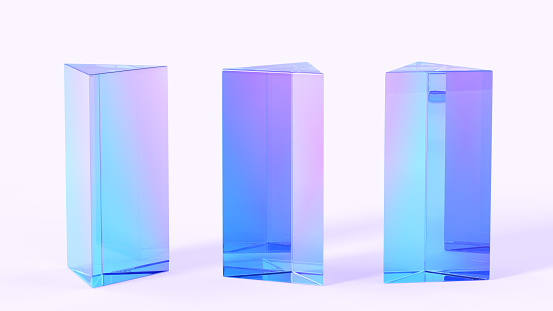 Glass triangle pedestals or podiums 3d render icons set. Abstract geometric pillars, platforms with hologram gradient texture, crystal rainbow exhibit displays, blank product stands. 3D illustration
