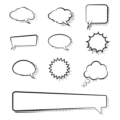 Comic speech bubble text dialog art set dots halftone background. Vector graphic design