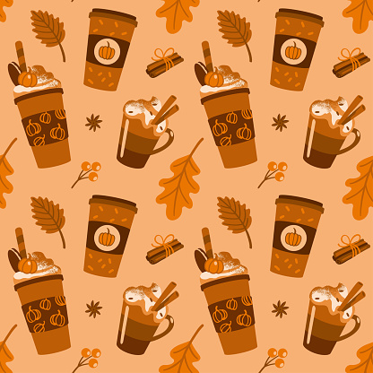 Spice coffee with cream.  Autumn mood. Seamless pattern. Vector.