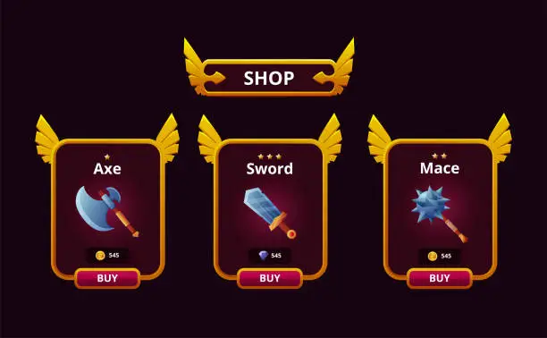 Vector illustration of Fantasy game cards. Medieval UI frames. Gaming shop interface. Arcade users asset. RPG buttons with magic sword and sharp axe. War weapons. Metal battle mace. Vector recent elements set