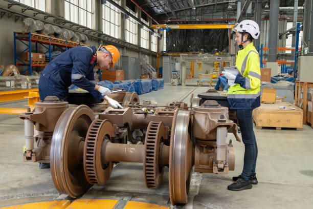 istock Two professional engineers check mechanical check undercarriage of lifted electric train and maintenance of public transport trains in Asia 1514091932