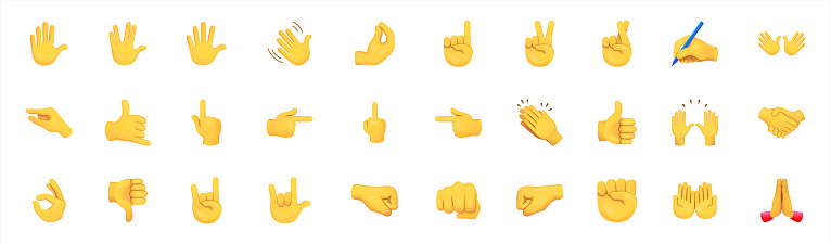 All type of hand emojis, gestures, stickers, emoticons flat vector illustration symbols set, collection. Hands, handshakes, muscle, finger, fist, direction, like, unlike, fingers collection