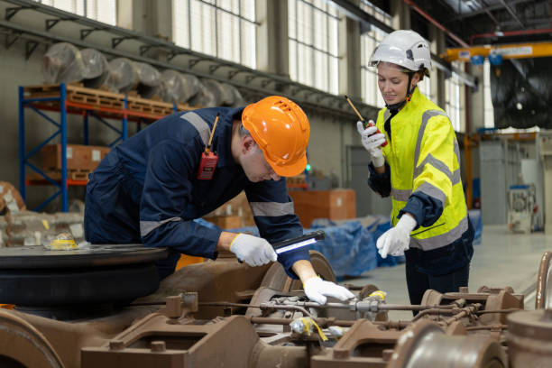 istock Two professional engineers check mechanical check undercarriage of lifted electric train and maintenance of public transport trains in Asia 1514094151