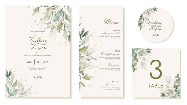Wedding invitation template set. ard, menu, sticker, guest table number. Vector Wedding invitation template set: card, menu, sticker, guest table number. Vector floral menu card stock illustrations