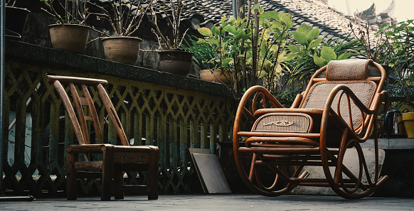 Chinese-style wooden chairs at rural house in Fenghuang Old Village, China.