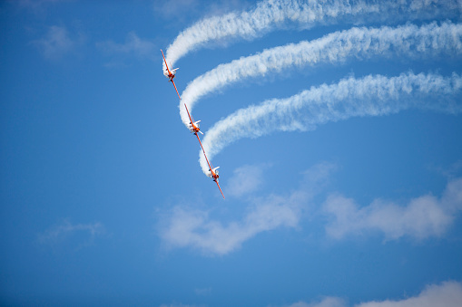 Three Ukrainian Aeroprakt A32 ultralight double aircraft in the sky at the air show in Langaci-Limbazi Airport, Latvia