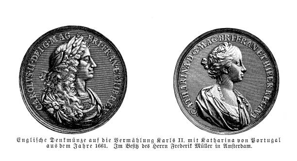 angielski medal wotywny za małżeństwo karola ii z katarzyną bragança, 1661 - royal bank of scotland stock illustrations